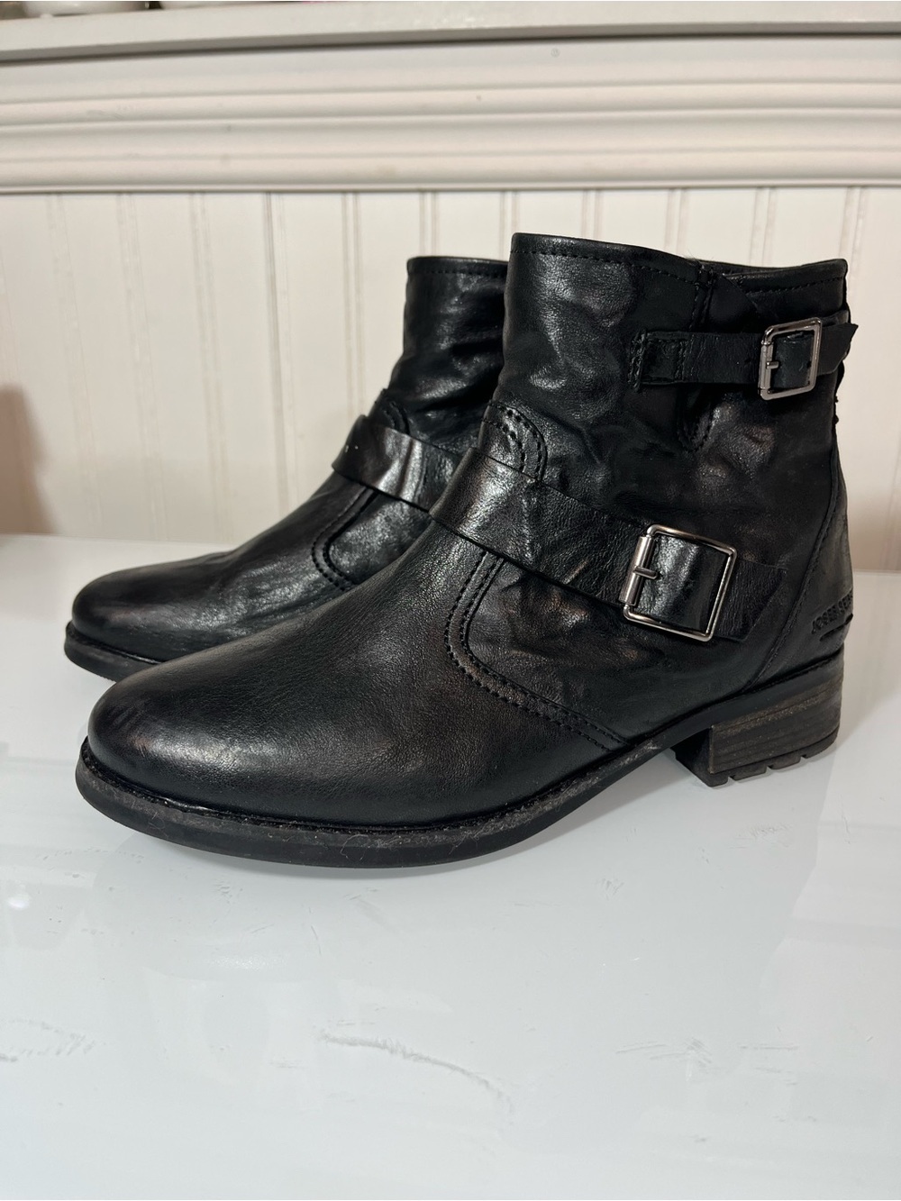 Josef Seibel Kate 21 Black Leather Double Buckle Zip Ankle Boots Moto Booties 39